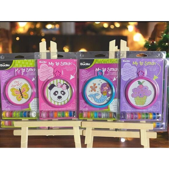 Bucilla Set of 4 My 1st Stitch Panda Cupcake Mermaid Butterfly Cross Stitching K - Picture 1 of 6